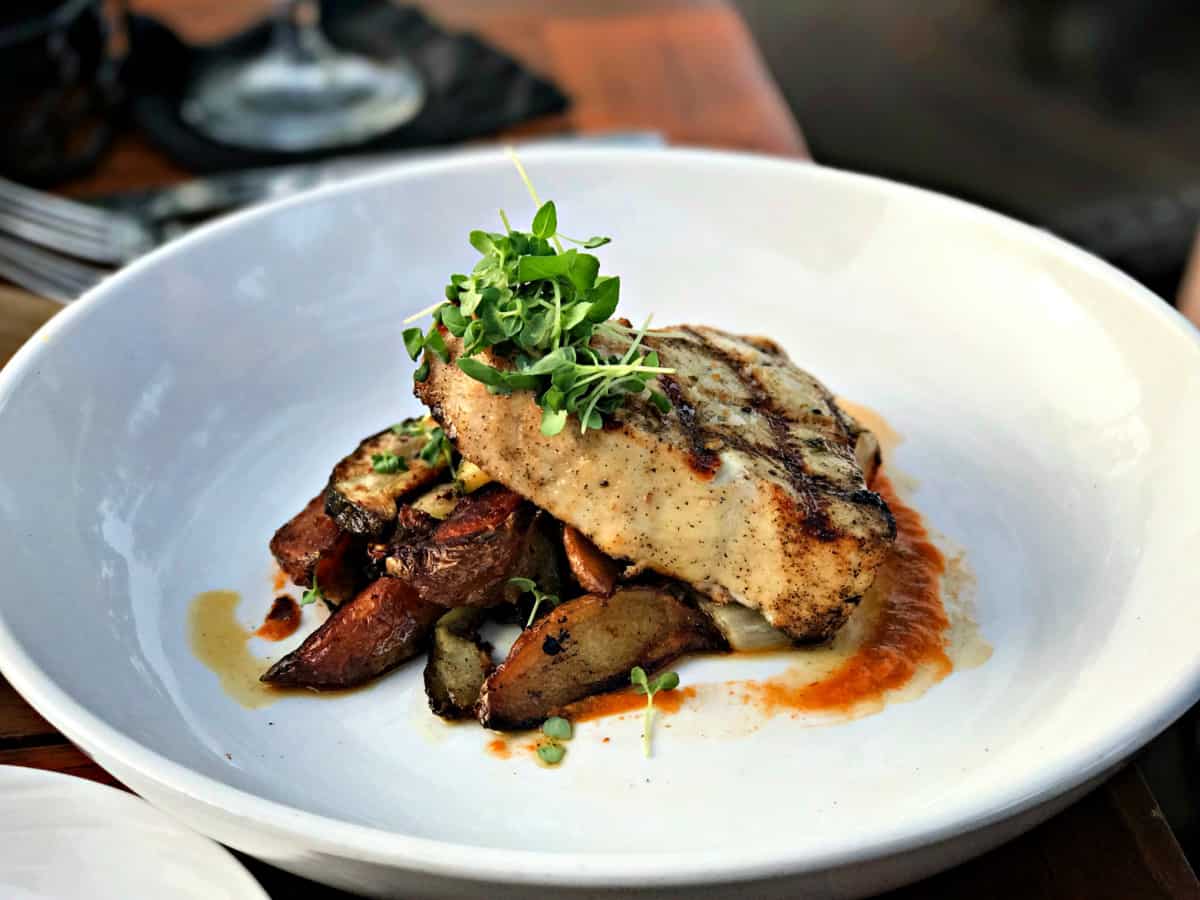 Swordfish dinner on a white plate.