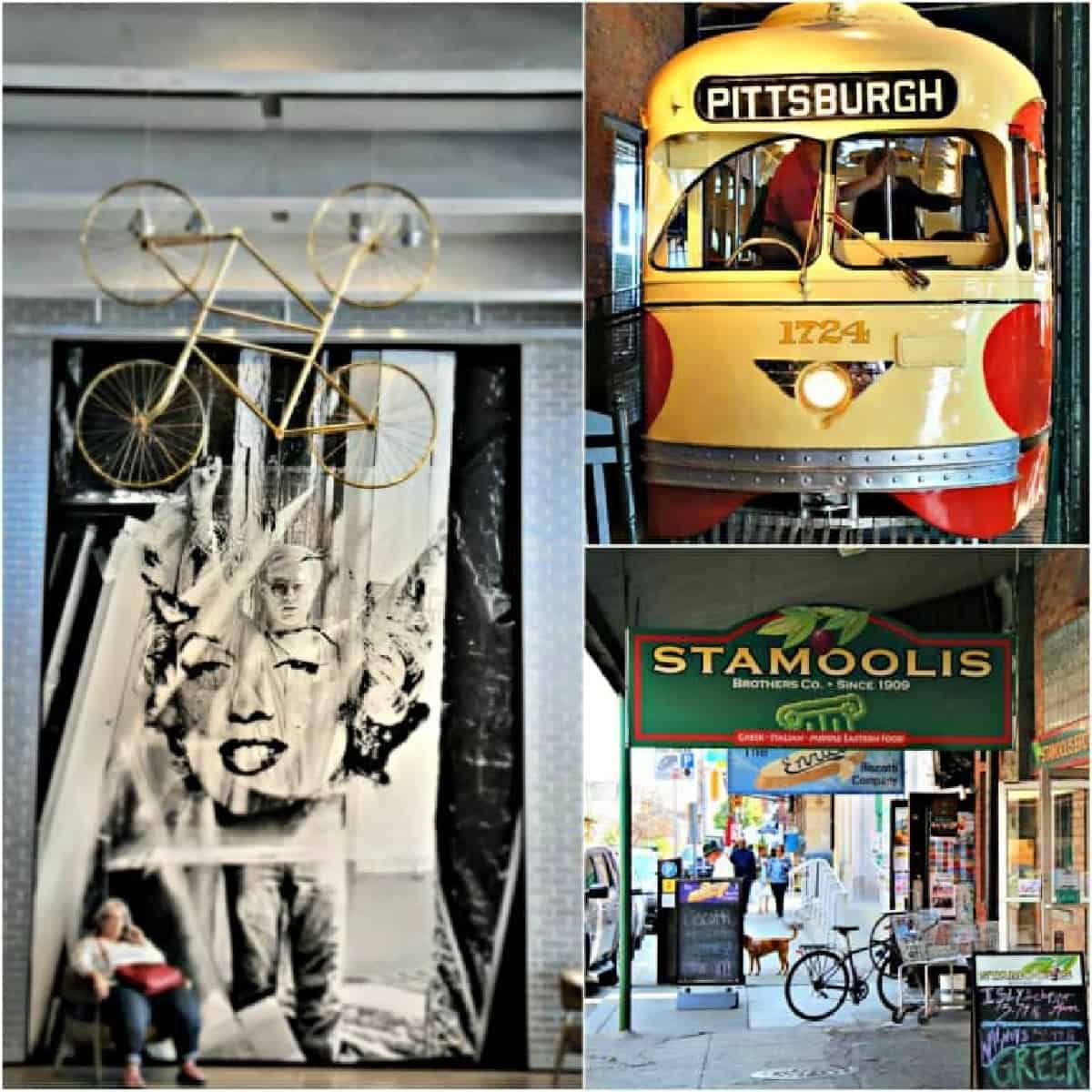 Collage featuring an Andy Warhol Museum exhibit, a historic Pittsburgh streetcar, and the Stamoolis Brothers grocery sign.