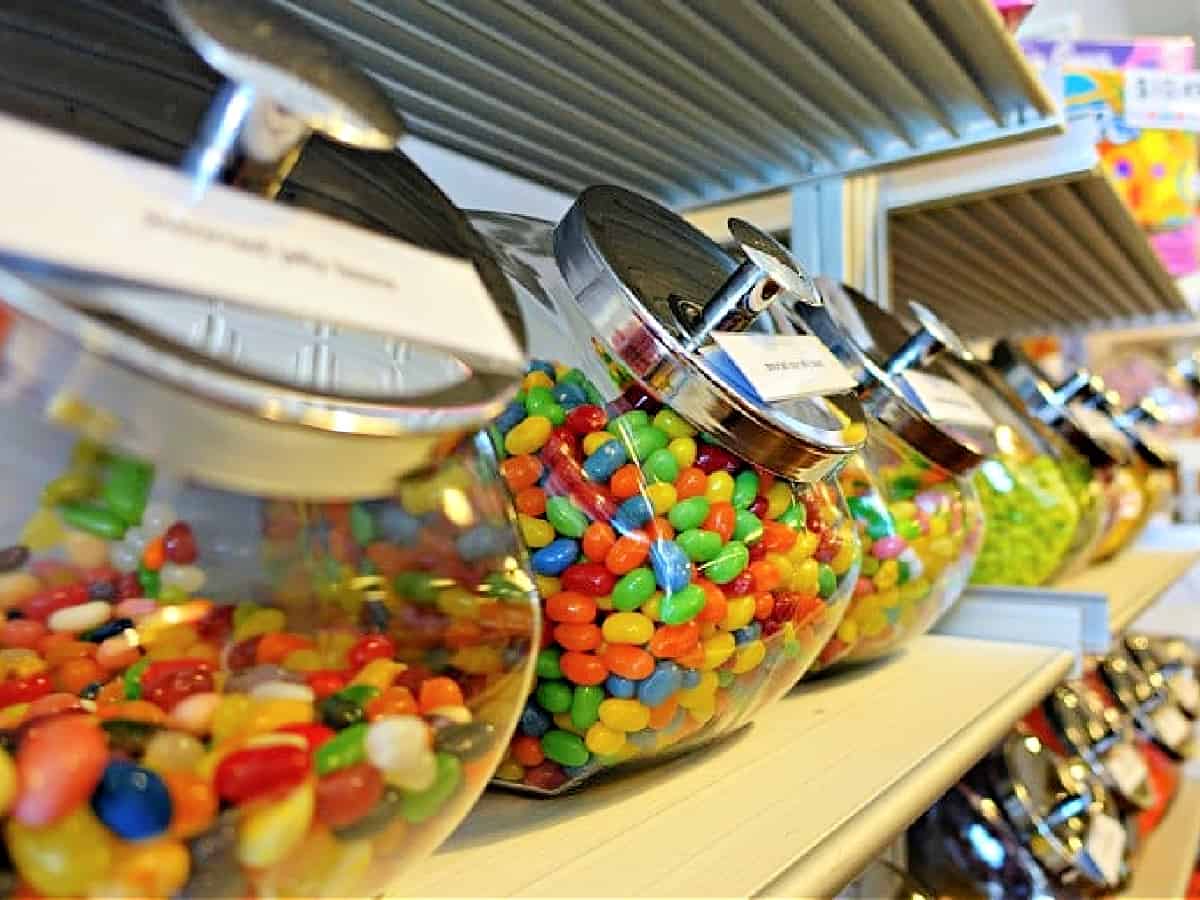Candy in glass bowls.