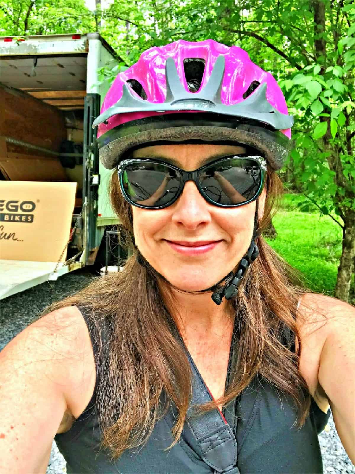 Woman wearing bicycle safety gear.