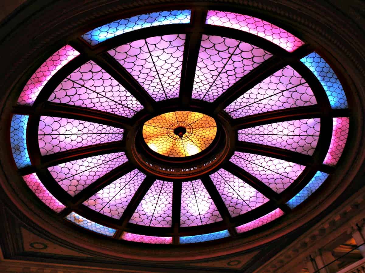 Colorful stained-glass ceiling detail inside the Renaissance Pittsburgh Hotel.
