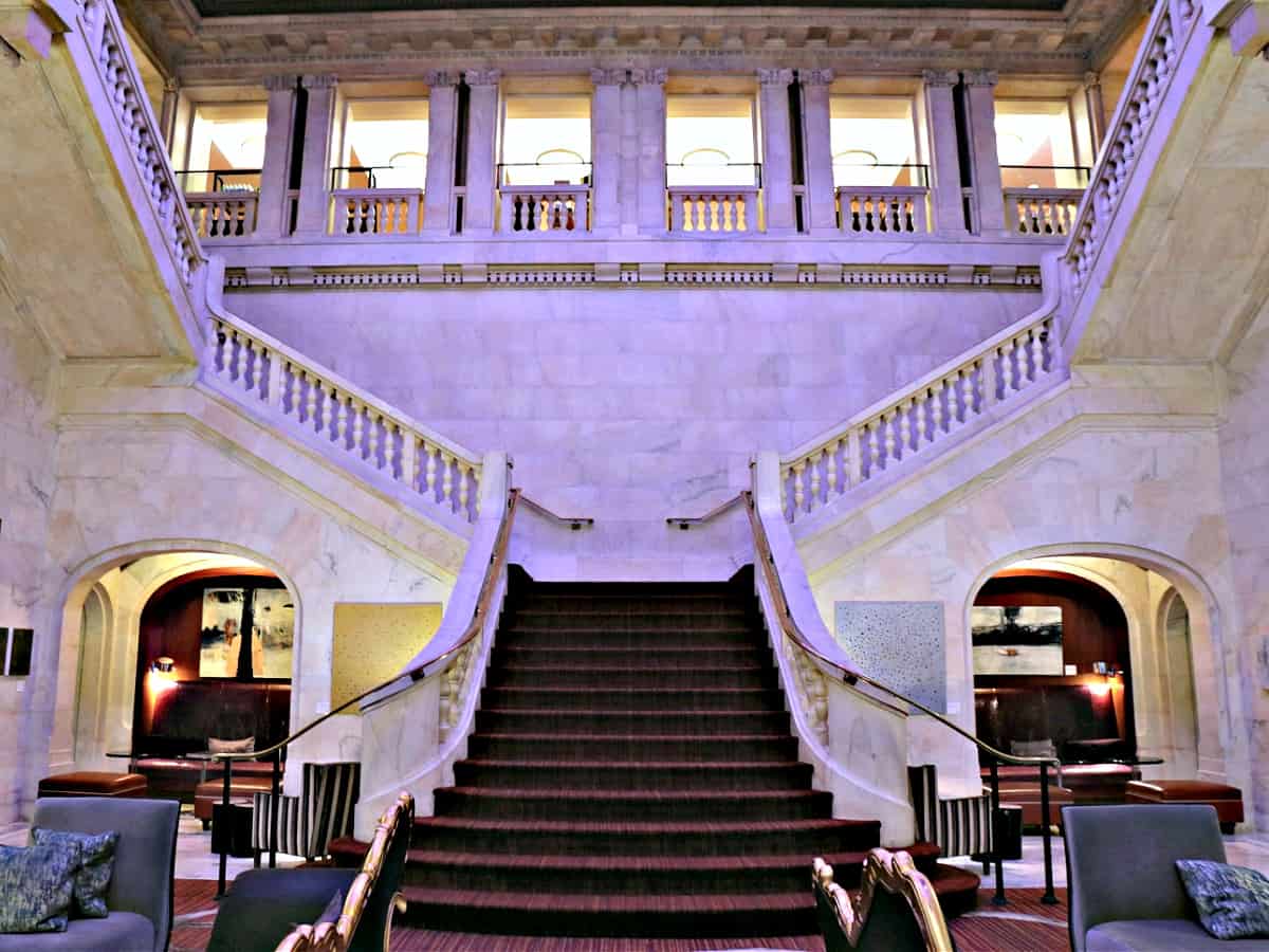 Elegant marble grand staircase at the Renaissance Pittsburgh Hotel.