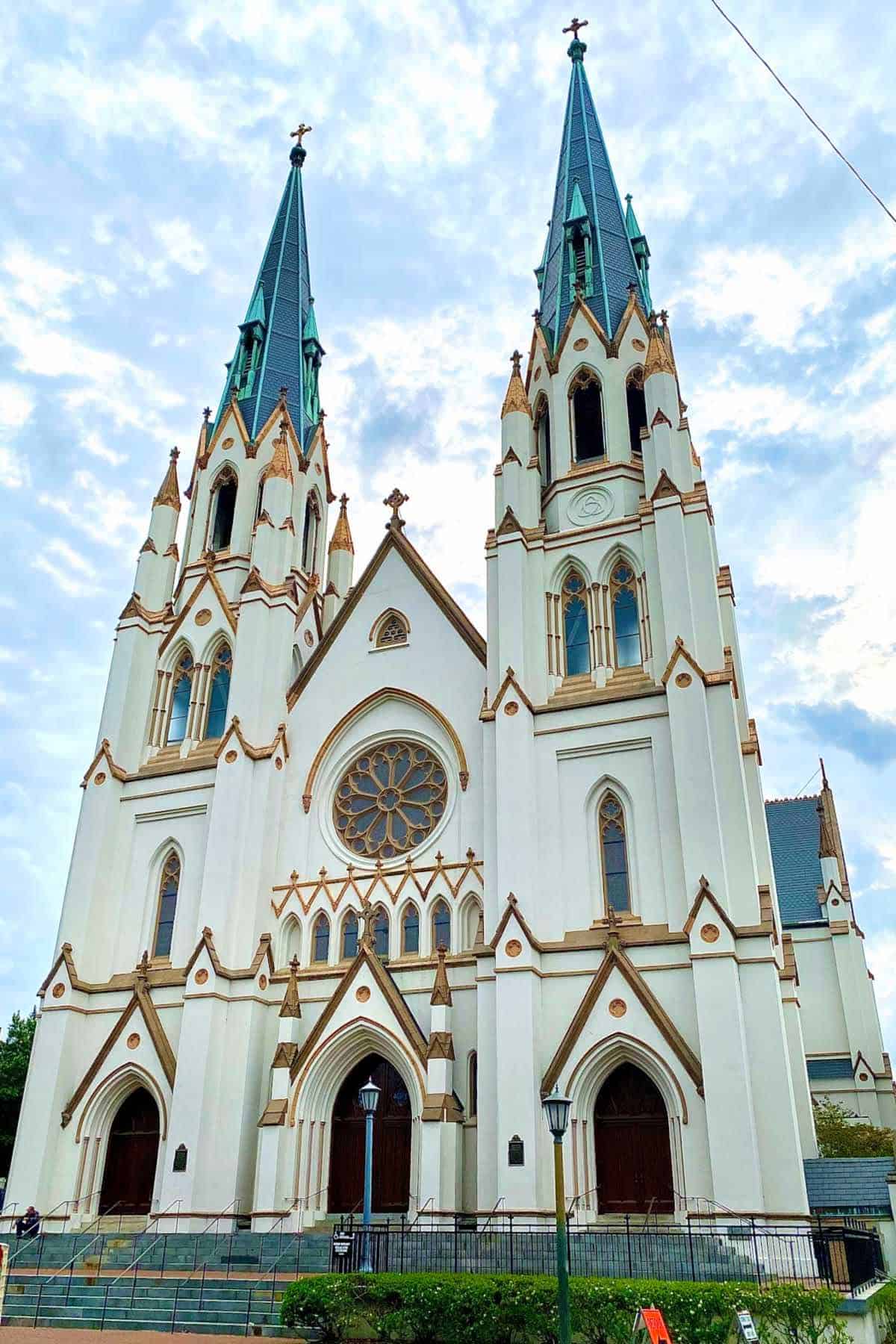 Cathedral Basilica of St. John the Baptist with twin spires in Savannah, Georgia.