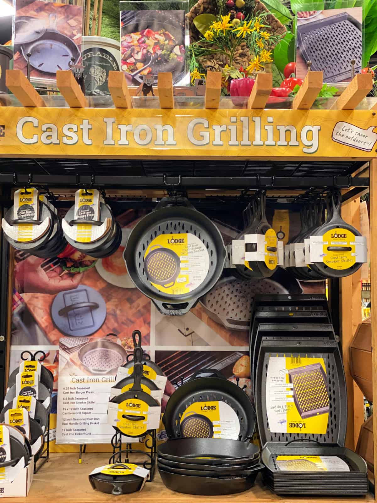 Cast iron cookware on display.