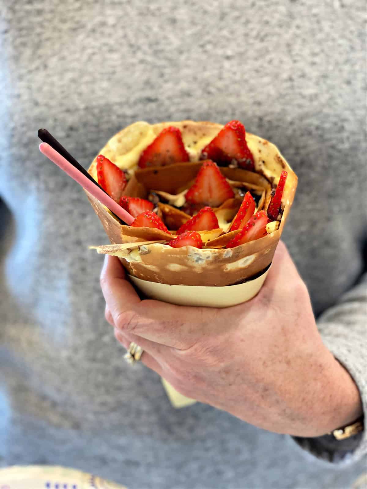 Inside look at a strawberry crepe.