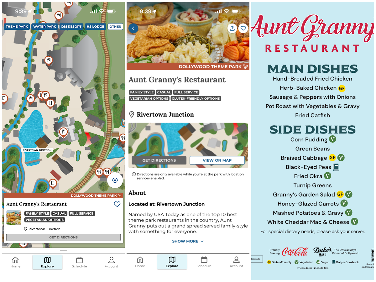 Screenshot collage from the Dollywood mobile app showing the map location for Aunt Granny's Restaurant in Rivertown Junction, the restaurant information page with directions and details, and the family-style menu featuring fried chicken, herb-baked chicken, pot roast, catfish, and Southern side dishes like corn pudding, fried okra, mac and cheese, and mashed potatoes.
