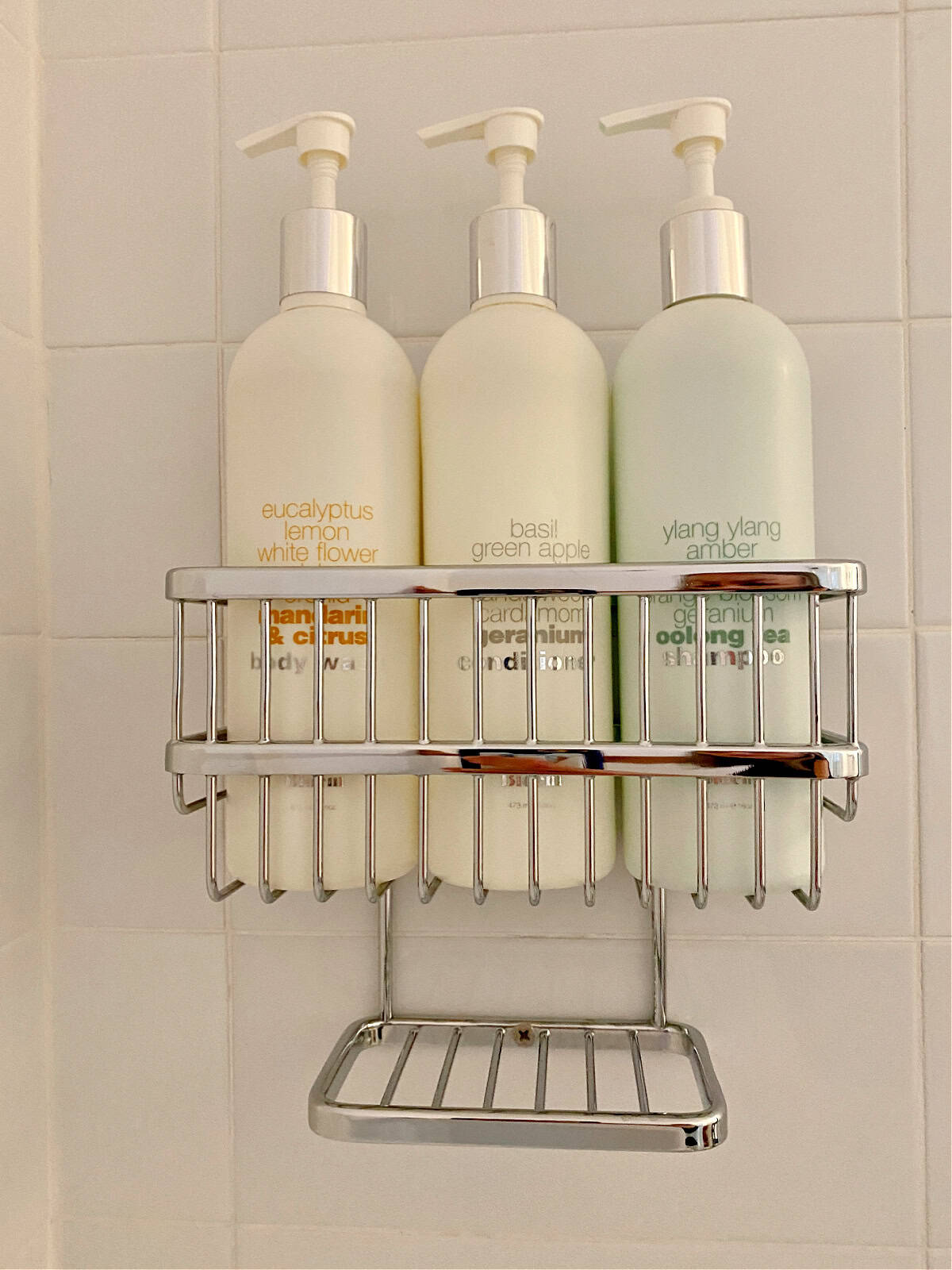 Body wash, conditioner, and shampoo hanging in a bathroom.
