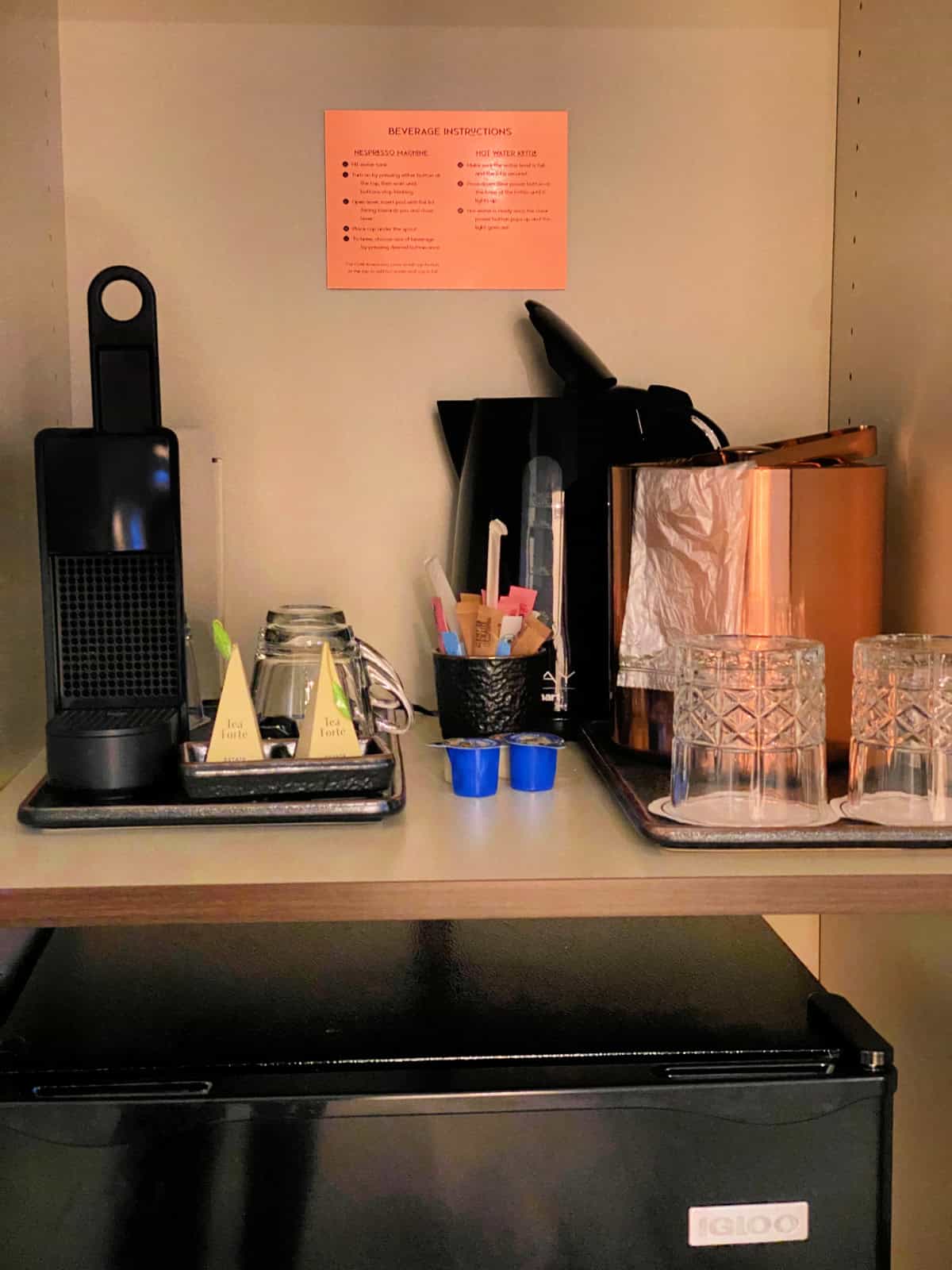 Nespersso, tea, and ice station.