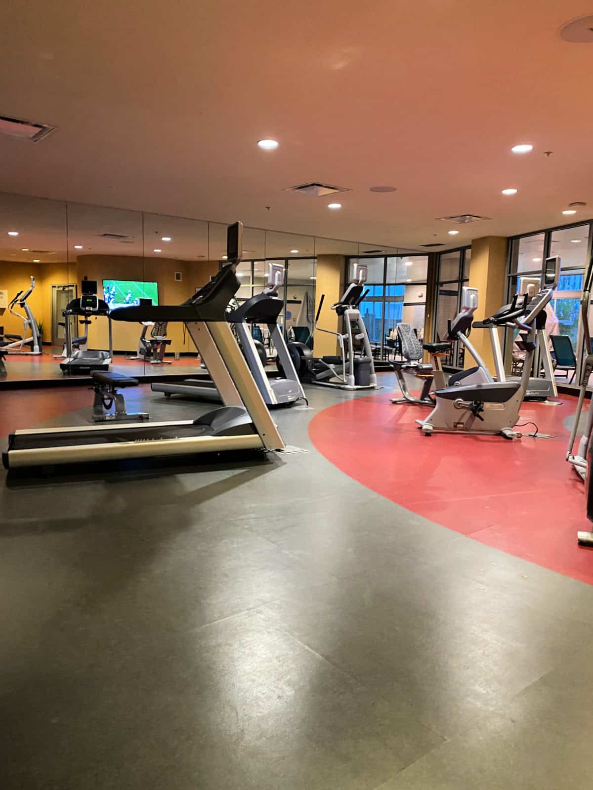 Exercise equipment in a fitness center.
