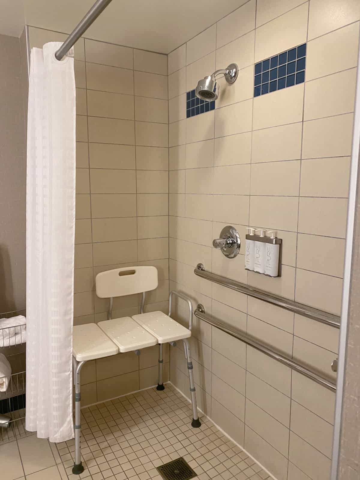 Handicapped-accessible shower in a hotel.