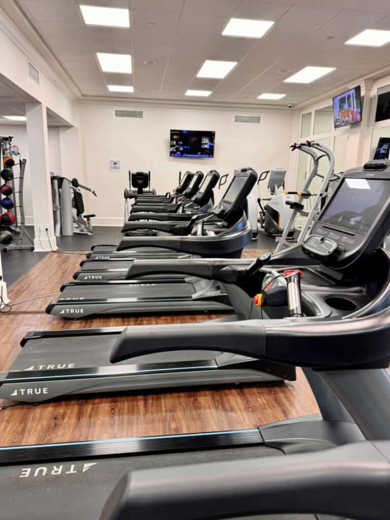 Rows of treadmills in a fitness center.