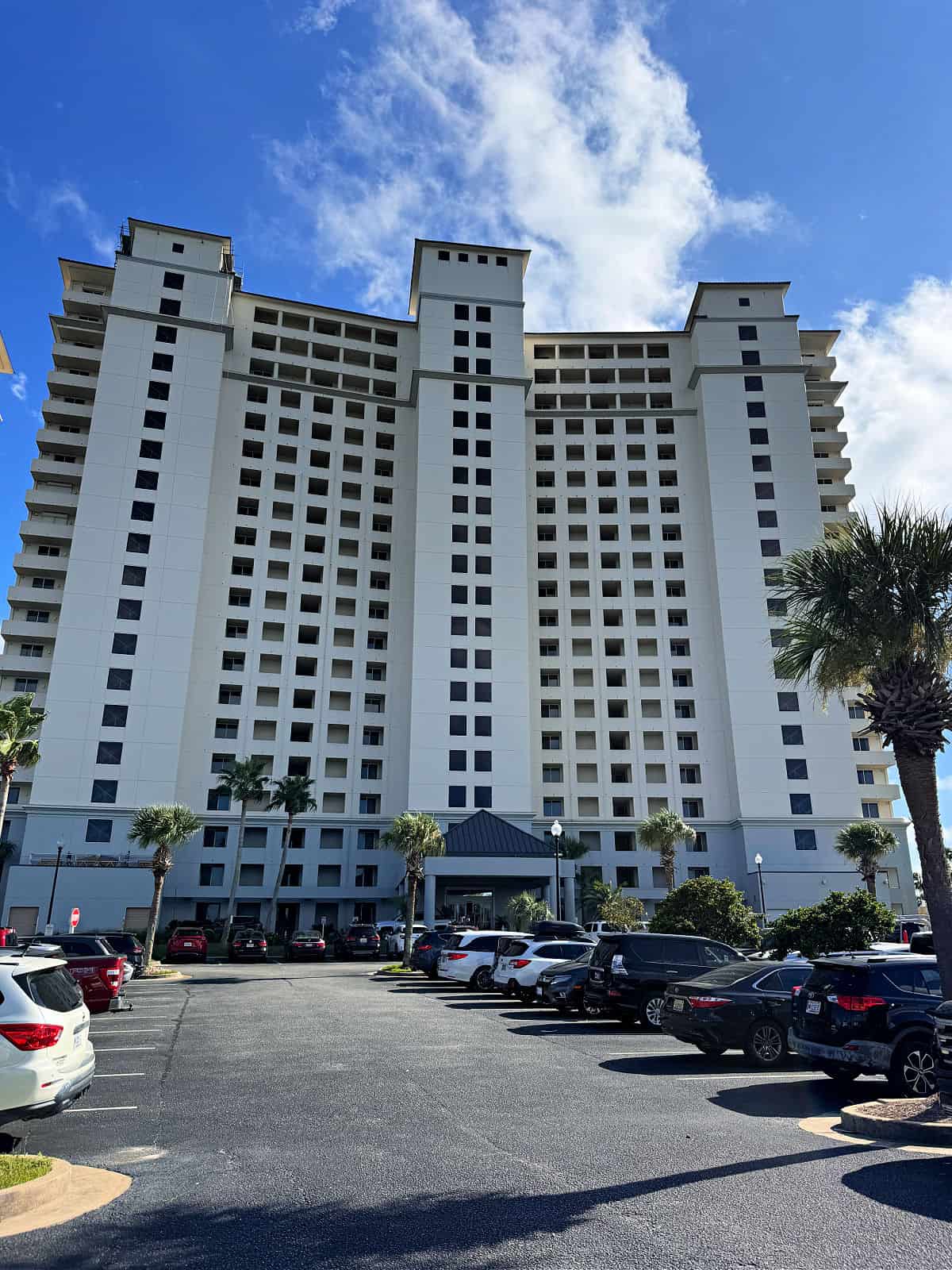 Tall condominium tower surrounded by palm trees.