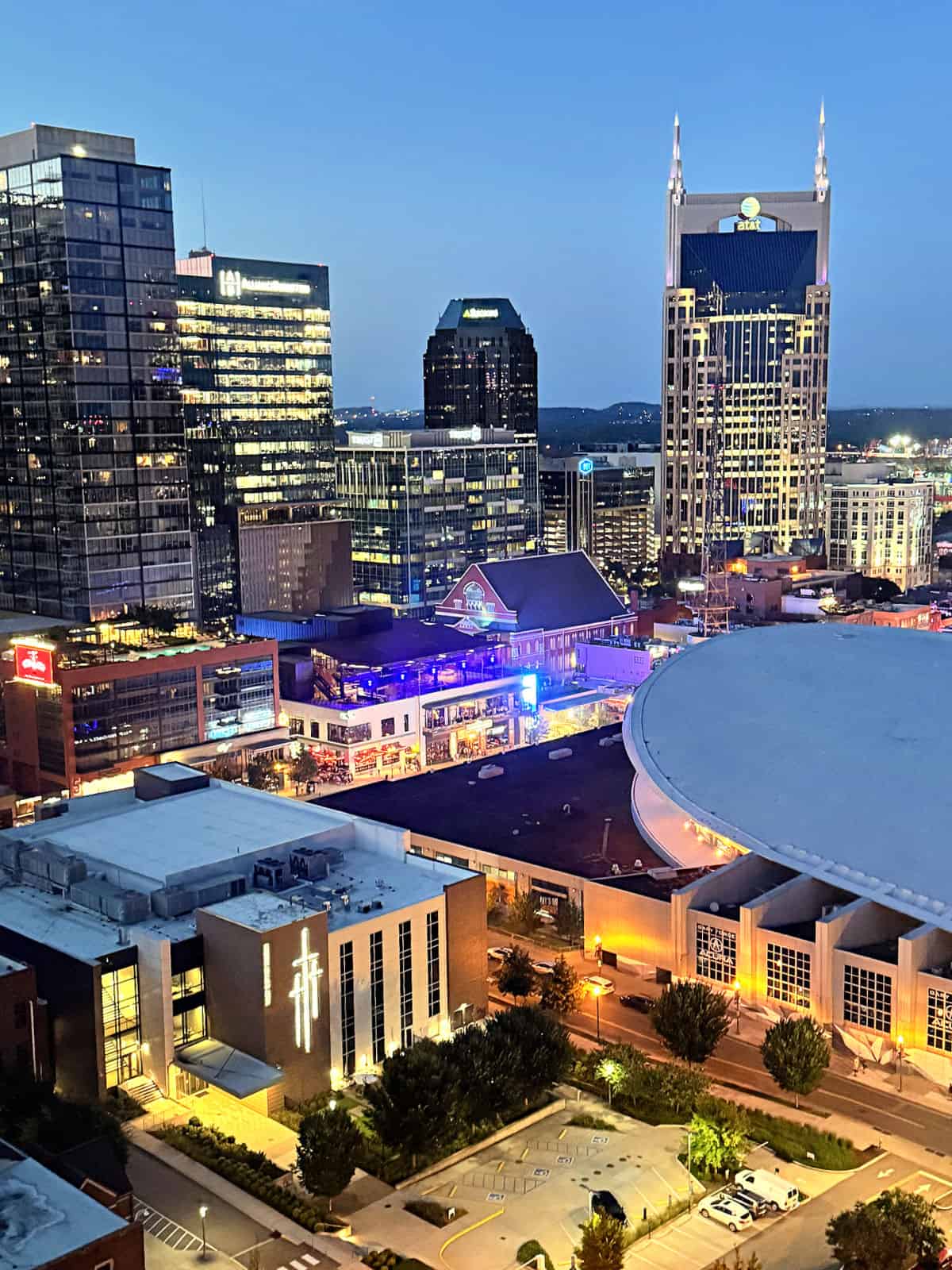 View of Bridgestone Arena, the "Batman building." and Broadway.