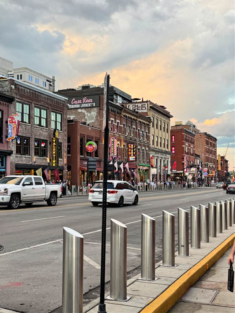 Row of old brick buildings along Broadway in Nashville.