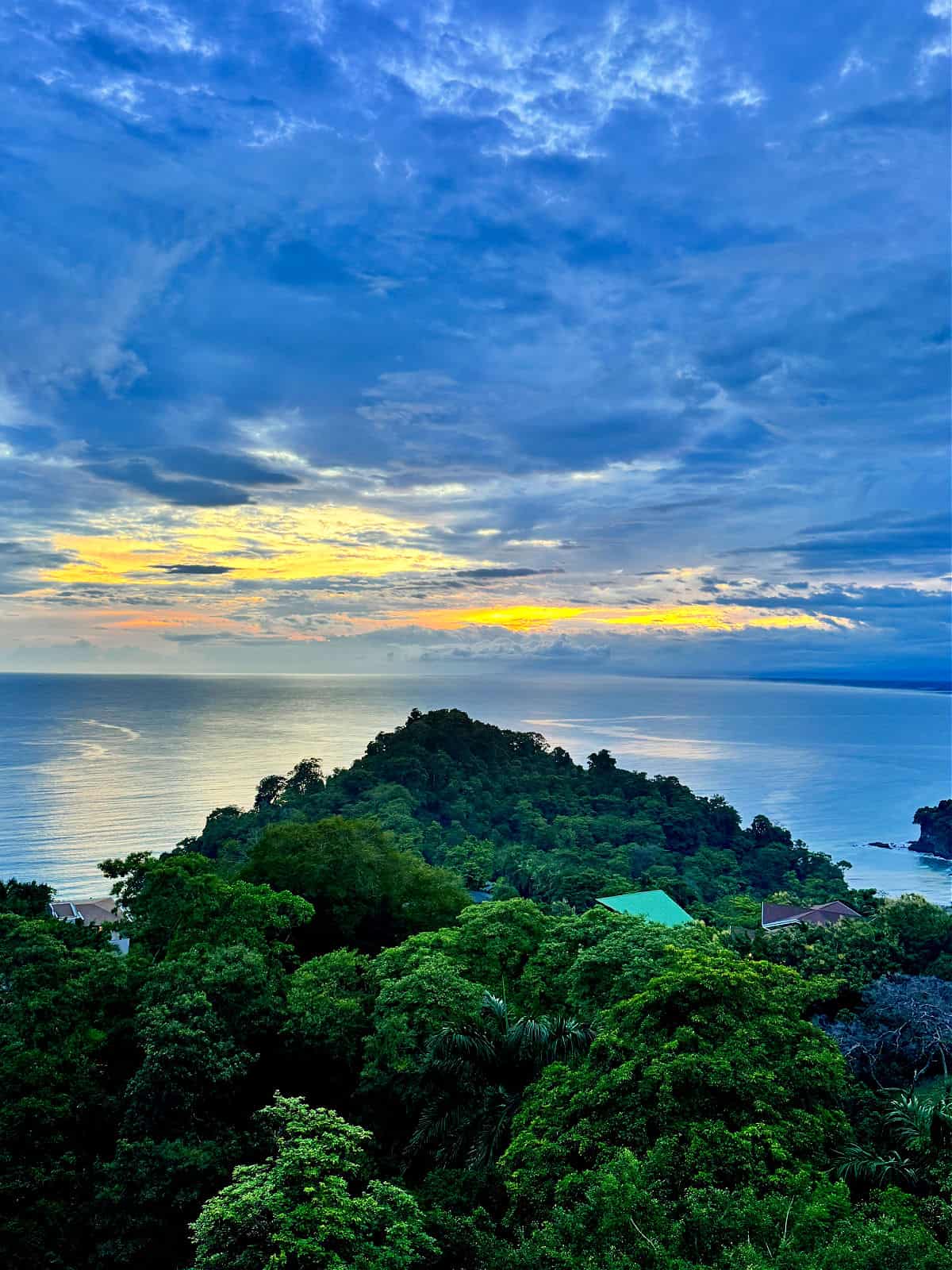 A breathtaking sunset casting golden light across the Pacific, with a green hill jutting into the sea.