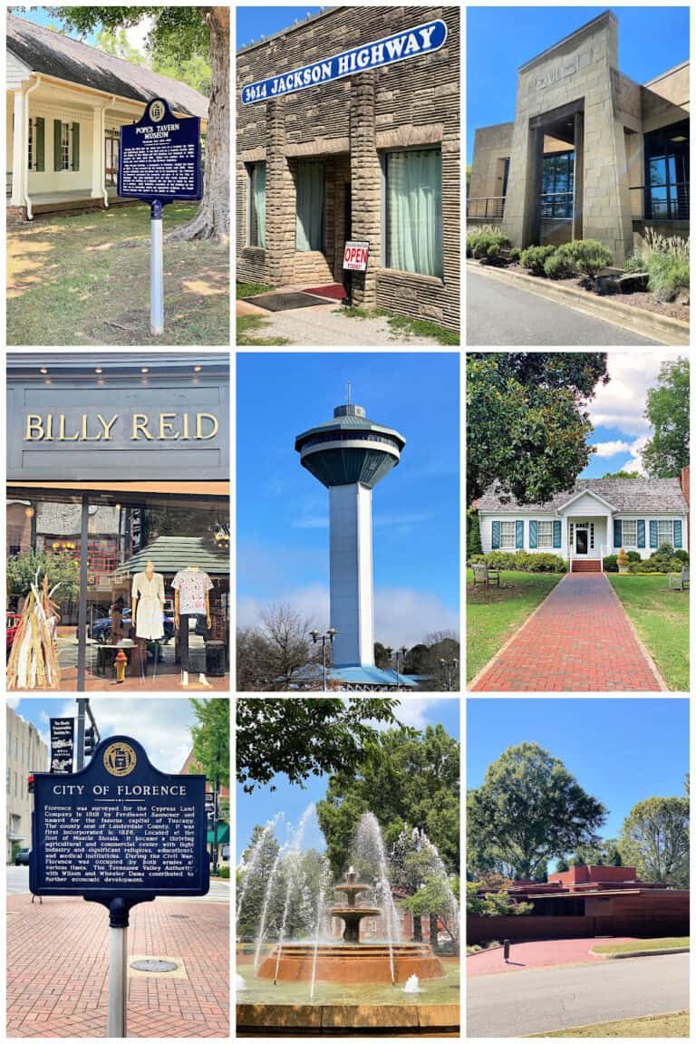 Collage of attractions in The Shoals including Helen Keller’s birthplace, 360 Grille, WC Handy’s birthplace, Frank Lloyd Wright Rosenbaum House, Jackson Highway Sound Studio, Billy Reid store, City of Florence placard, and a fountain.