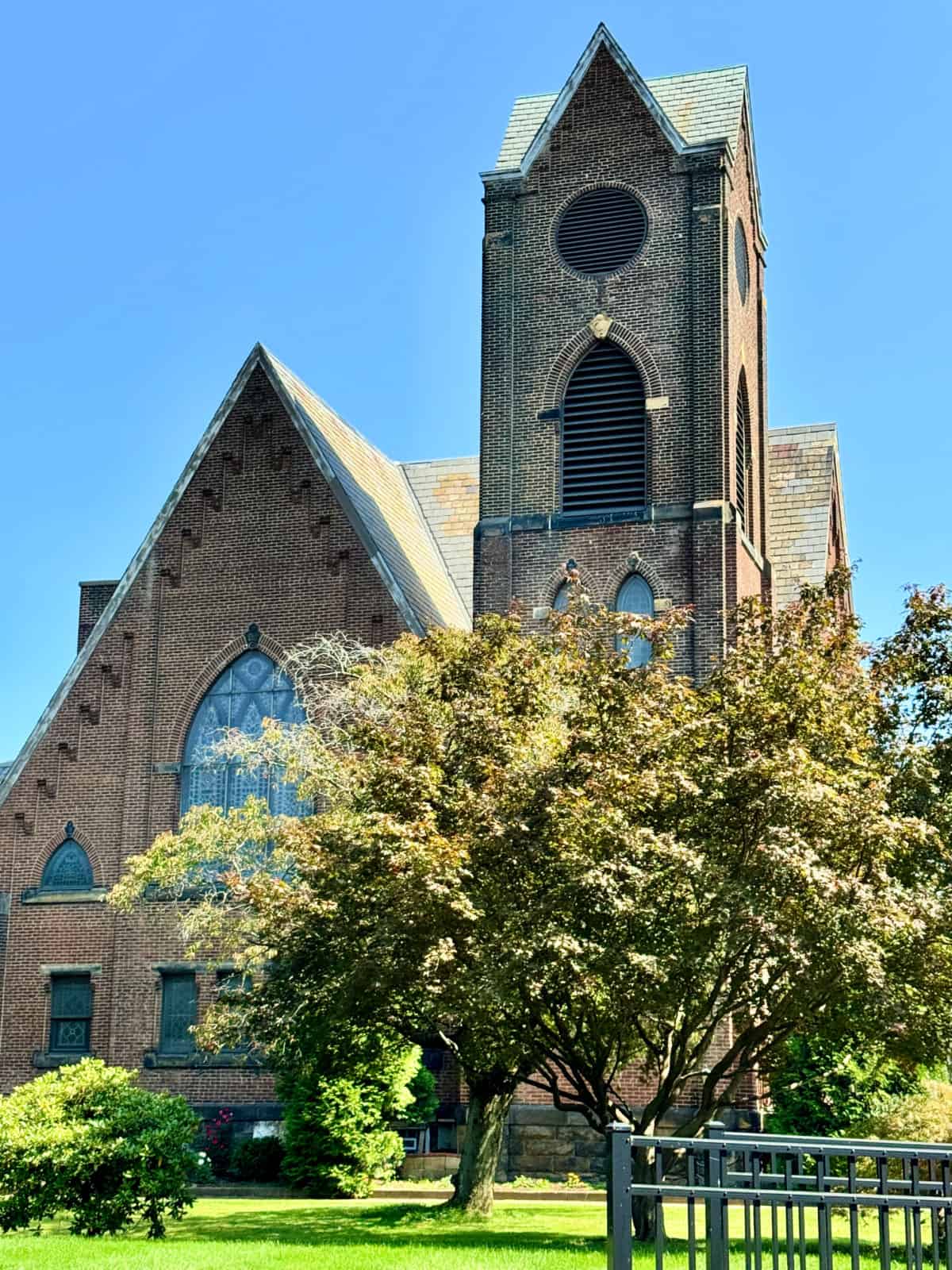 Historic red-brick church building in Latrobe, Pennsylvania.