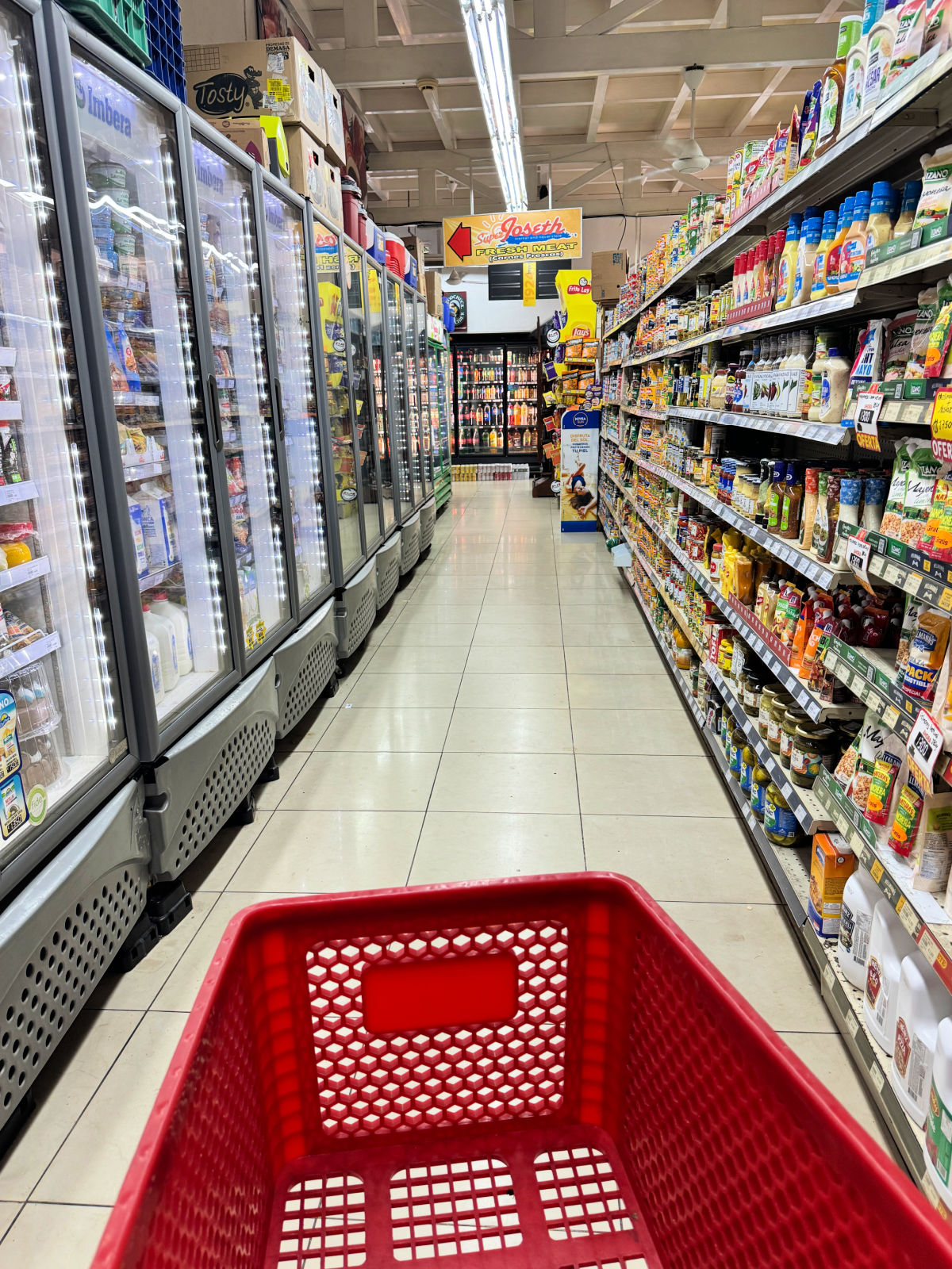 A grocery store aisle in Costa Rica with shelves of packaged foods, freezer cases, and a red shopping basket in the foreground.
