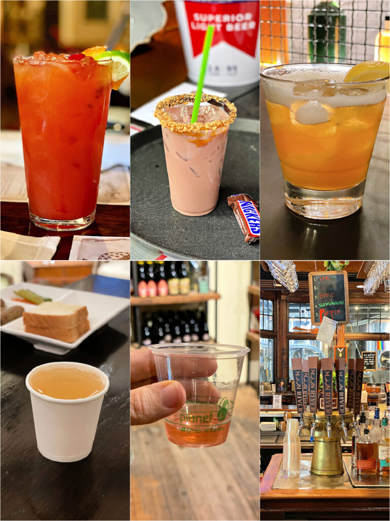 Collage of popular drinks in Savannah, including a bright red Skull Crusher cocktail, a dessert-style martini, a classic whiskey drink, a sample cup of Chatham Artillery Punch, a small tasting cup of mead, and beer taps inside a Savannah brewery.