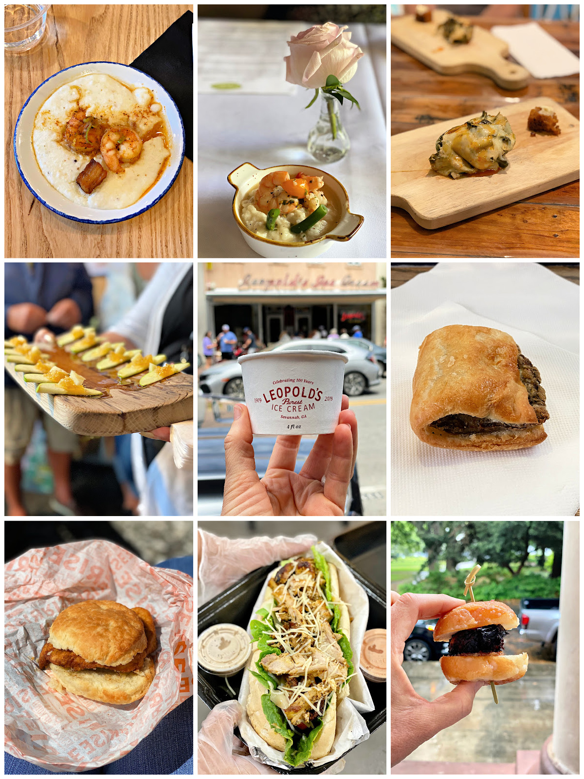 Collage of foods sampled on a Savannah food tour, including shrimp and grits, risotto, sausage rolls, pork belly donut sliders, a chicken biscuit, a wrap-style sandwich, a dessert bite, and a cup of Leopold’s Ice Cream enjoyed in the Historic District.