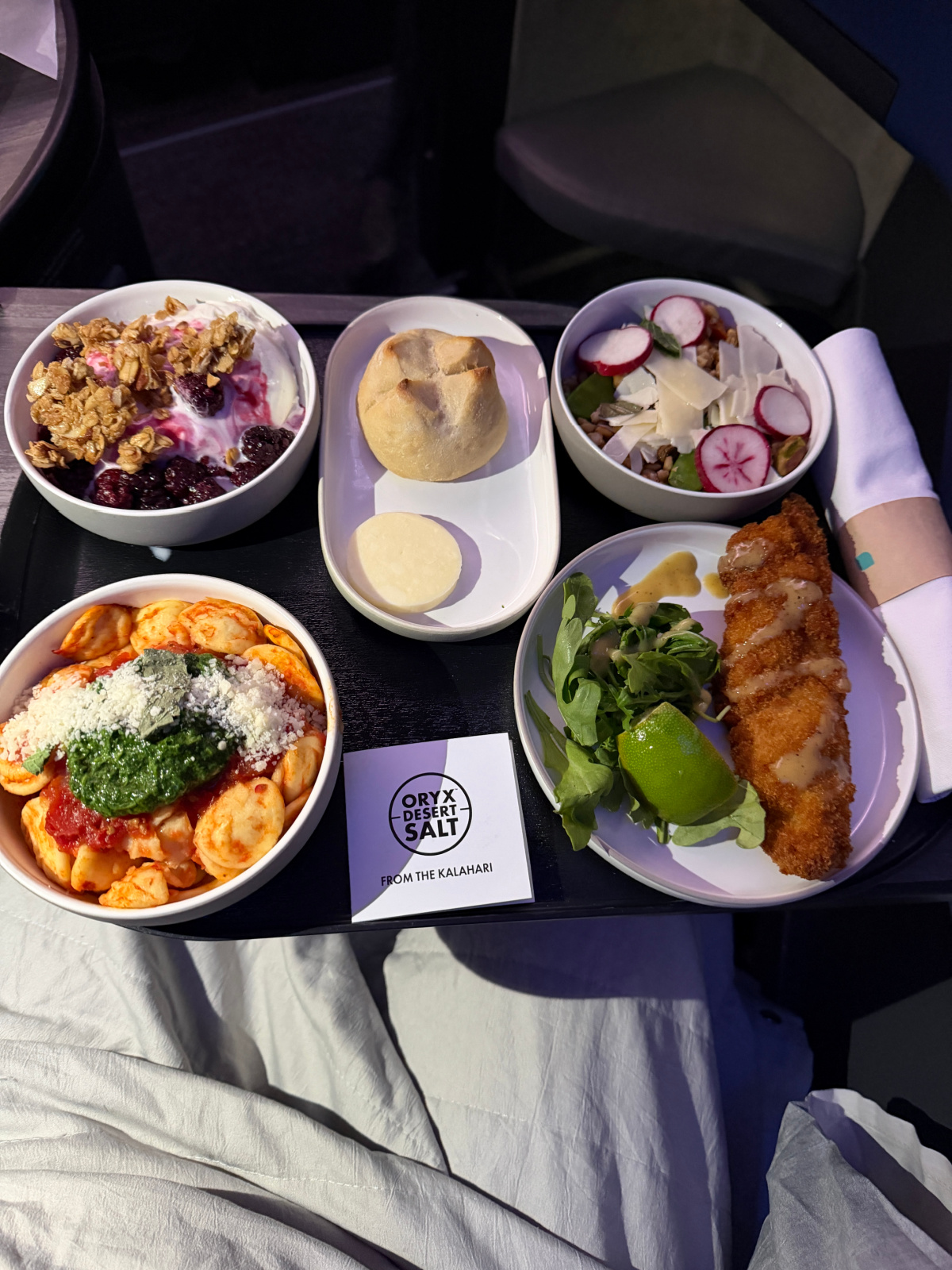 JetBlue Mint in-flight dinner featuring multiple small plates, salad, bread, pasta, yogurt, and a breaded entrée served on a tray table.