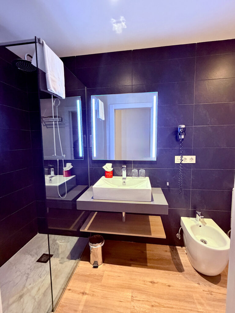 Modern hotel bathroom in Pamplona featuring a walk-in shower, illuminated mirrors, bidet, and contemporary fixtures.