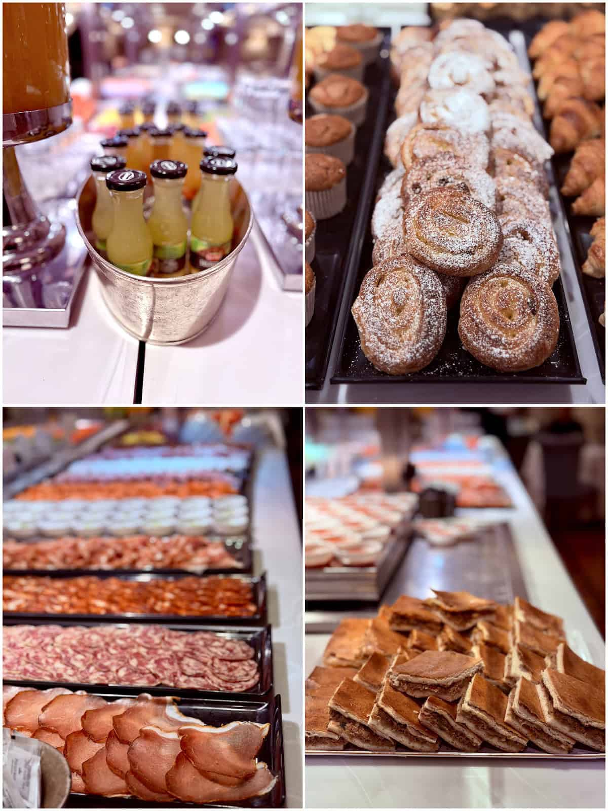 Breakfast buffet at the Parador de Santiago featuring pastries, fresh juice, cured meats, cheeses, and traditional Spanish baked goods.