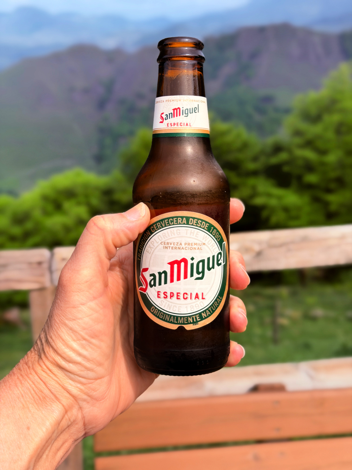 Hand holding a cold bottle of San Miguel Especial beer with mountain views from Auberge Borda.