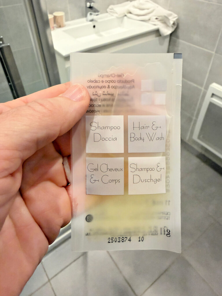 Complimentary shampoo and body wash packets provided for guests at Hotel La Villa Esponda.