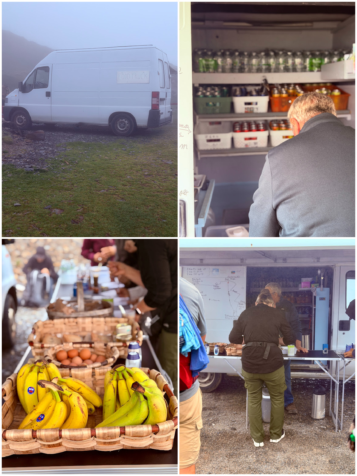 Food truck in the Pyrenees selling drinks, bananas, eggs, and snacks to Camino pilgrims.