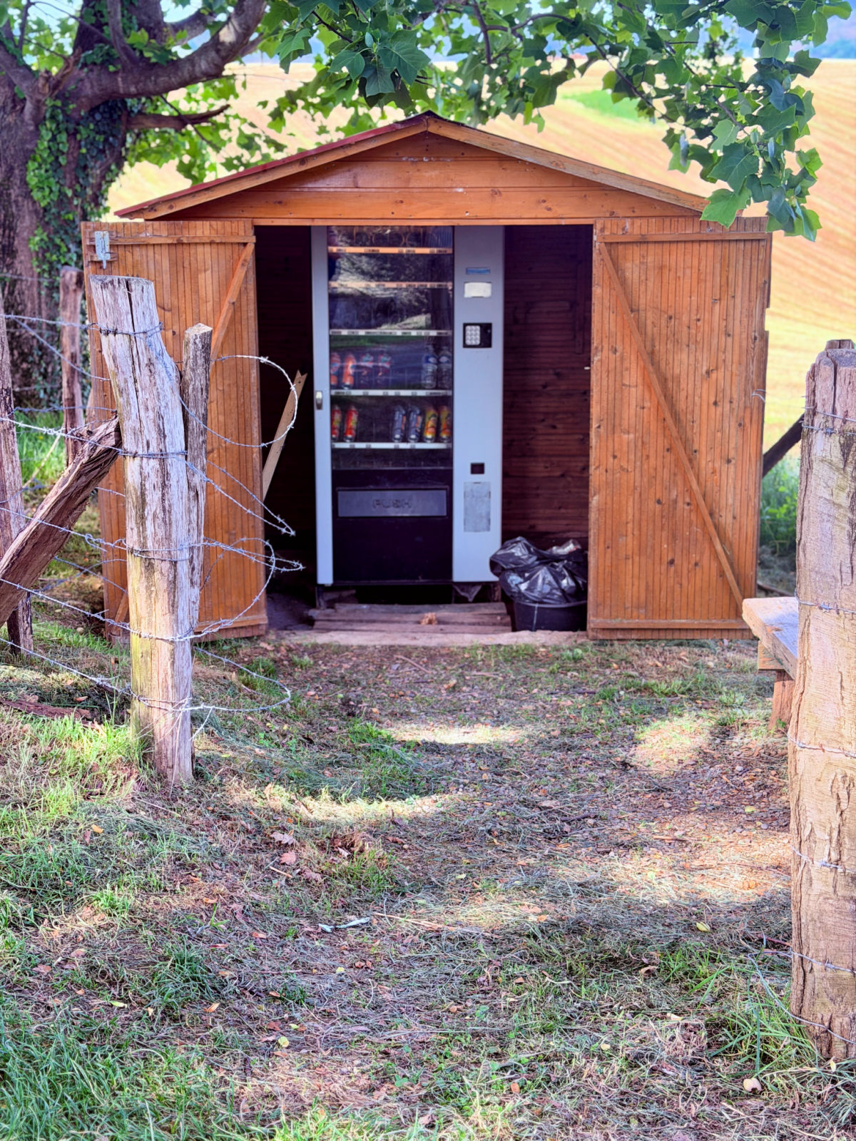 Self-service drink vending machine inside a small wooden shed along the Camino de Santiago in the French countryside.