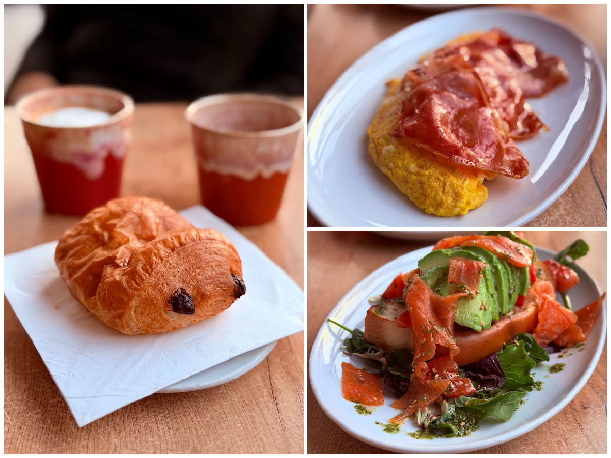 French breakfast with chocolate croissants, coffee, tortilla topped with cured ham, and avocado toast with smoked salmon.