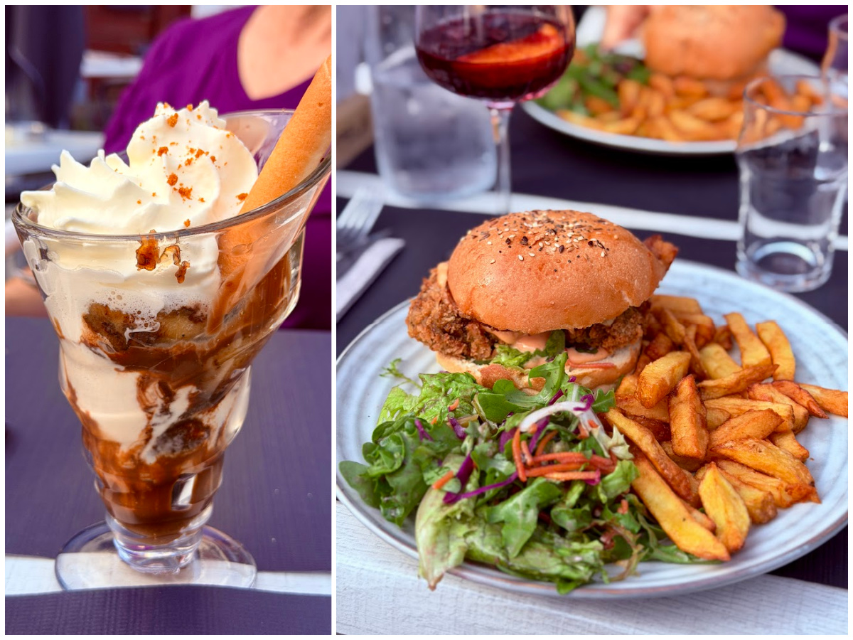 Ice cream sundae and crispy chicken sandwich served with French fries and a green salad at a restaurant in France.