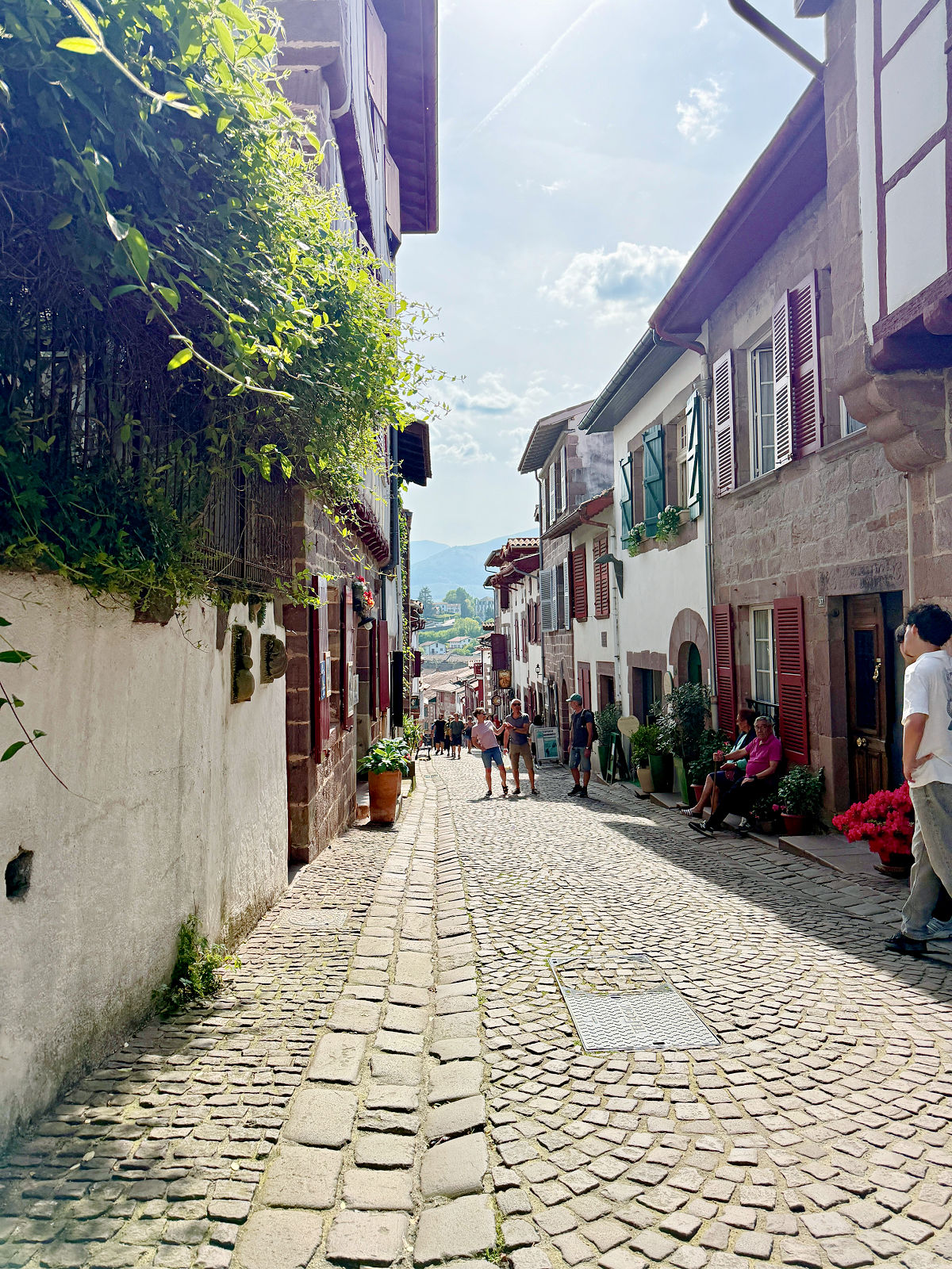 Steep cobblestone street lined with traditional Basque buildings in Saint-Jean-Pied-de-Port, France.