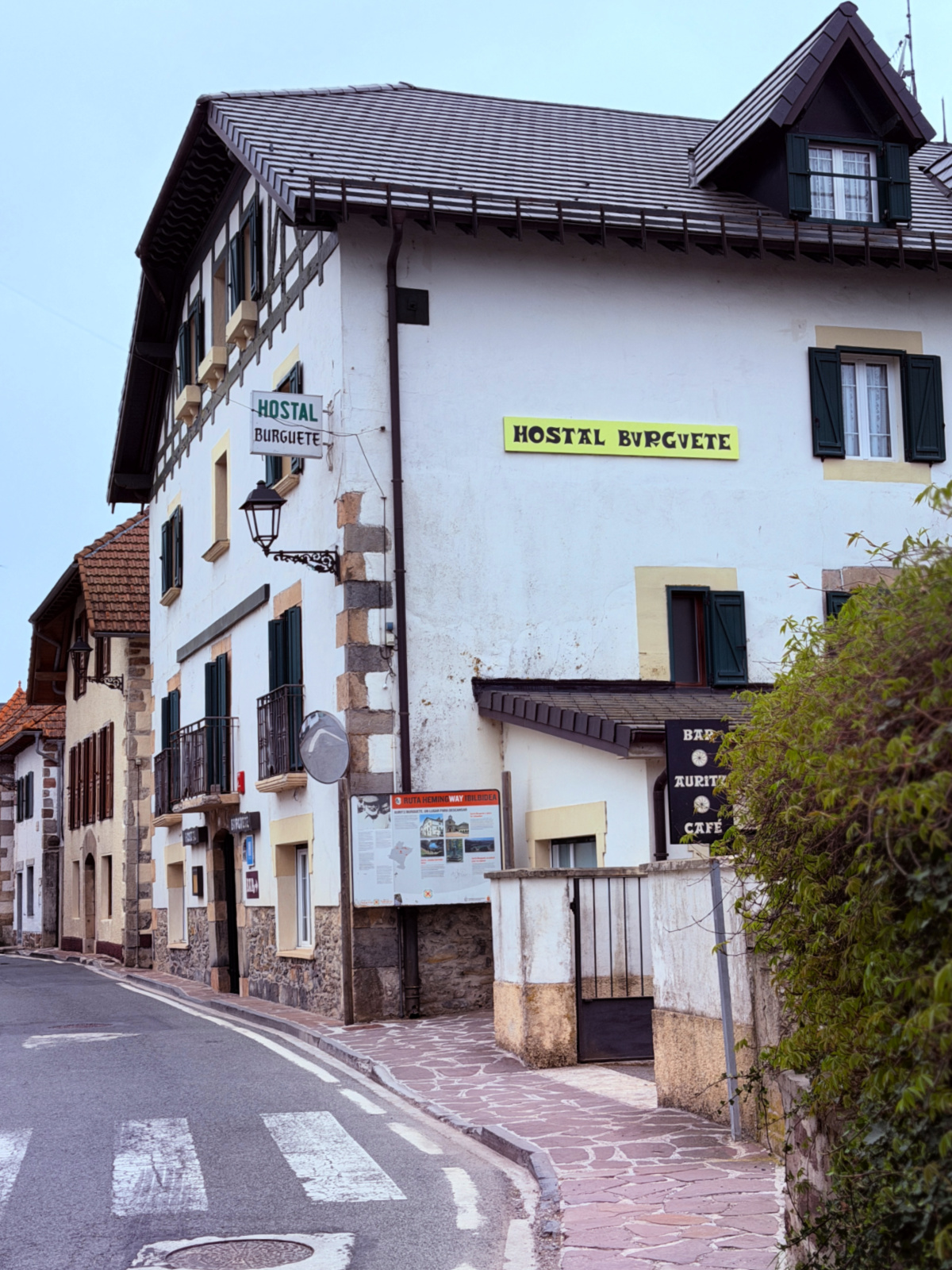 Exterior of Hostal Burguete, a historic Camino hotel associated with Ernest Hemingway.