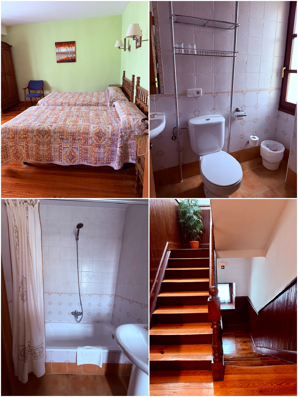 Guest room, bathroom with bathtub, and wooden staircase inside Hostal Burguete.