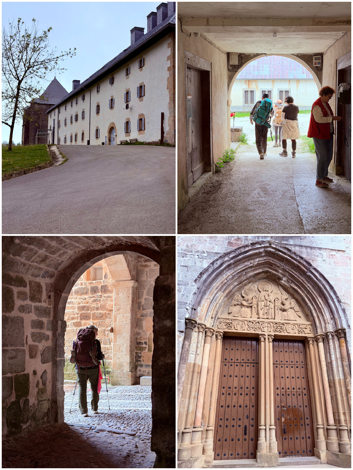 Historic monastery complex and church entrance in Roncesvalles along the Camino Francés.