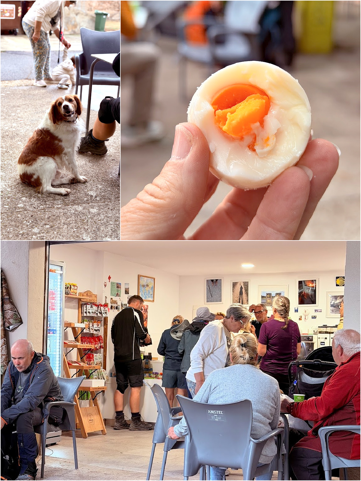 Pilgrim breakfast stop featuring a soft-boiled egg and a busy café filled with travelers.
