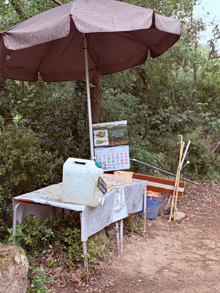 Small self-service refreshment stand beneath an umbrella beside the Camino trail.