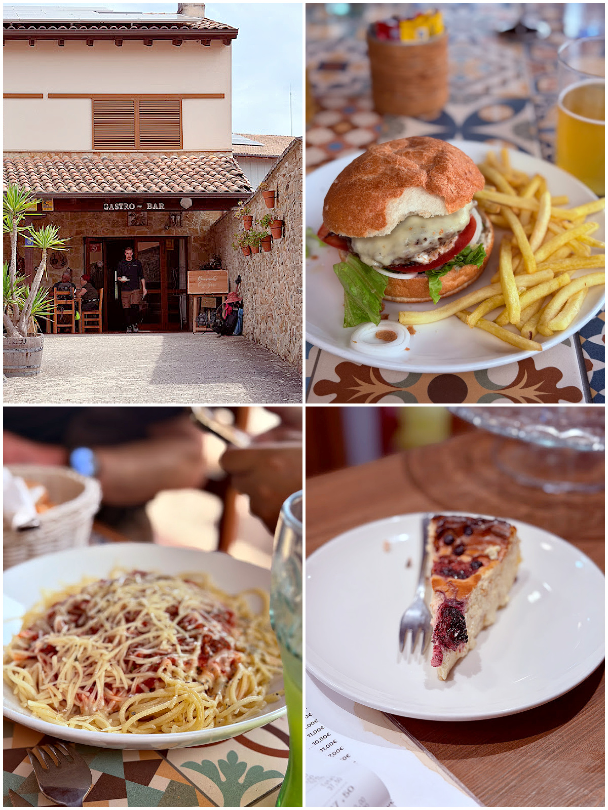Gastro Bar Camino del Perdón with a burger, pasta, and slice of berry cheesecake.