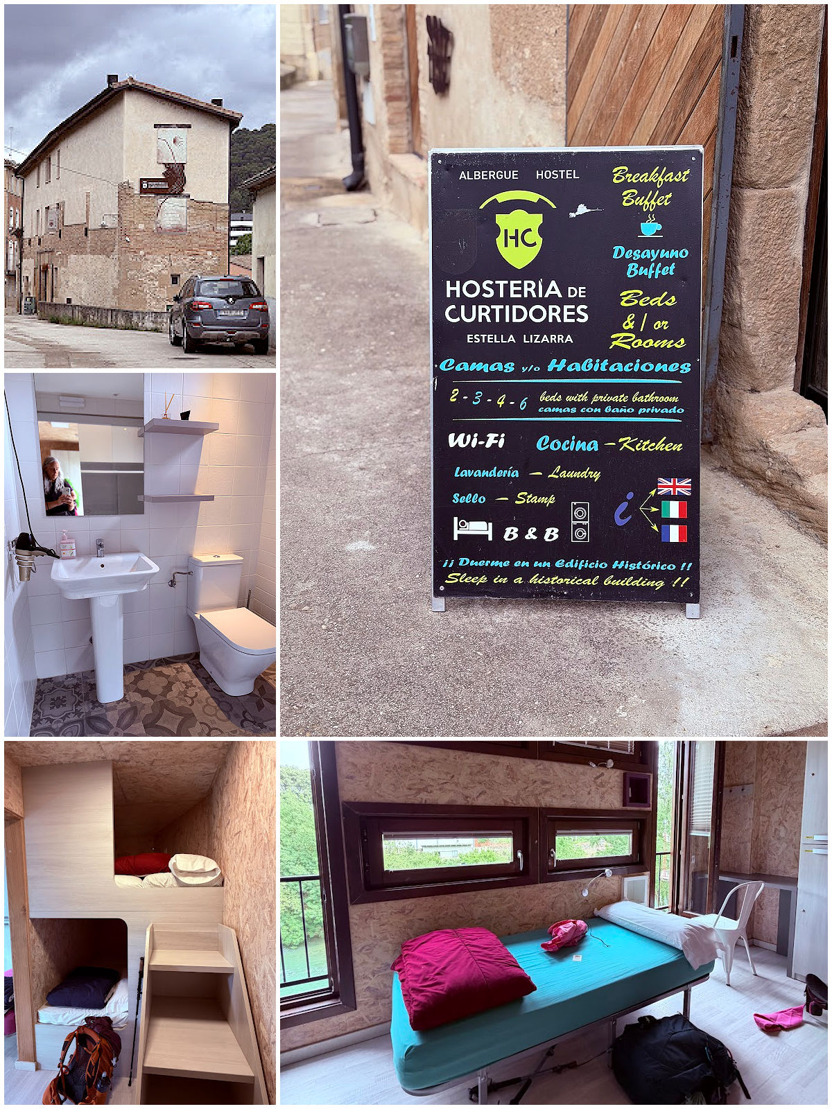 Collage showing the guest room, bathroom, and entrance sign at Hostería de Curtidores in Estella.