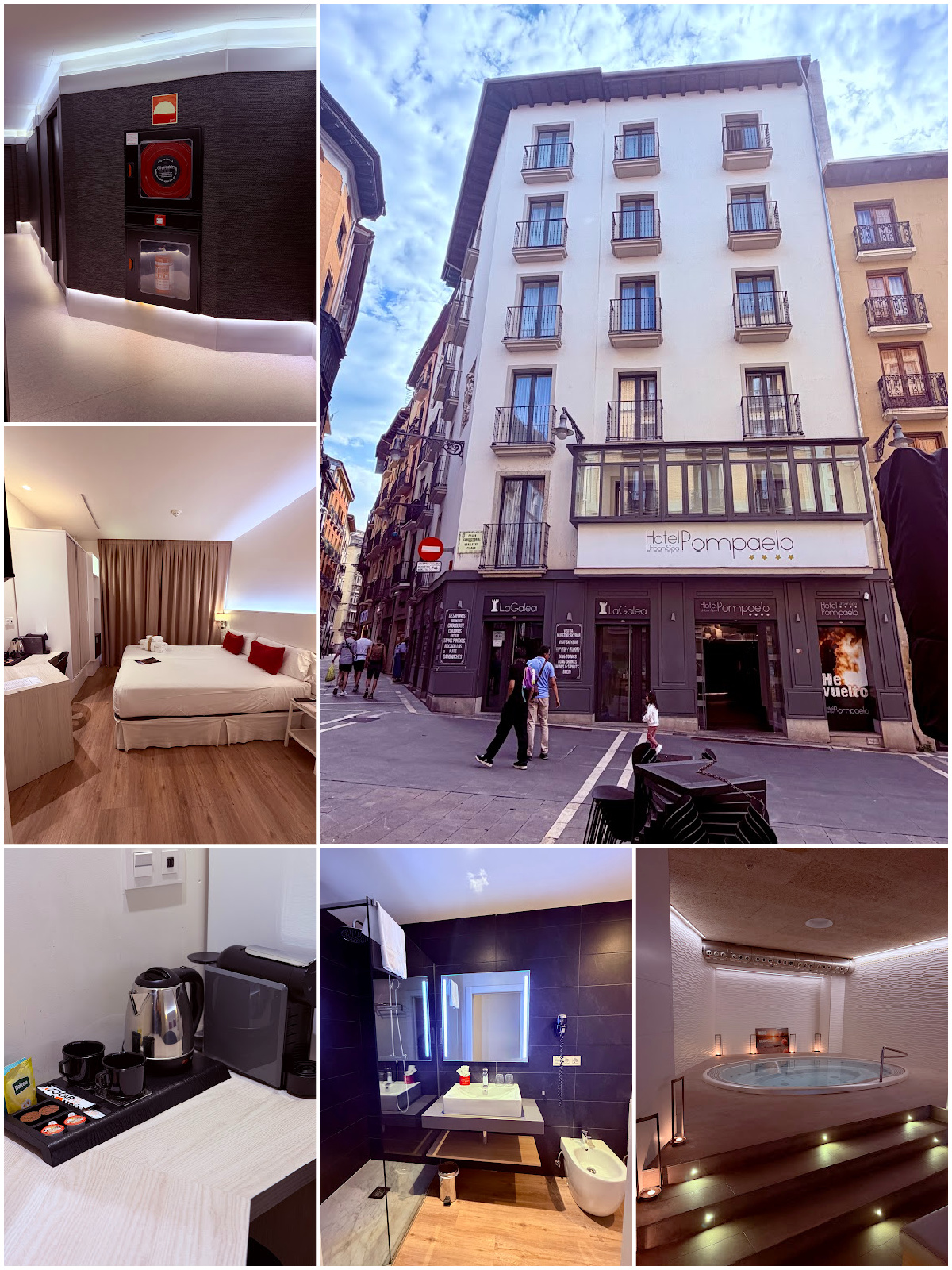Collage showing the Hotel Pompaelo exterior, guest room, bathroom, beverage station, hallway, and spa pool in Pamplona.
