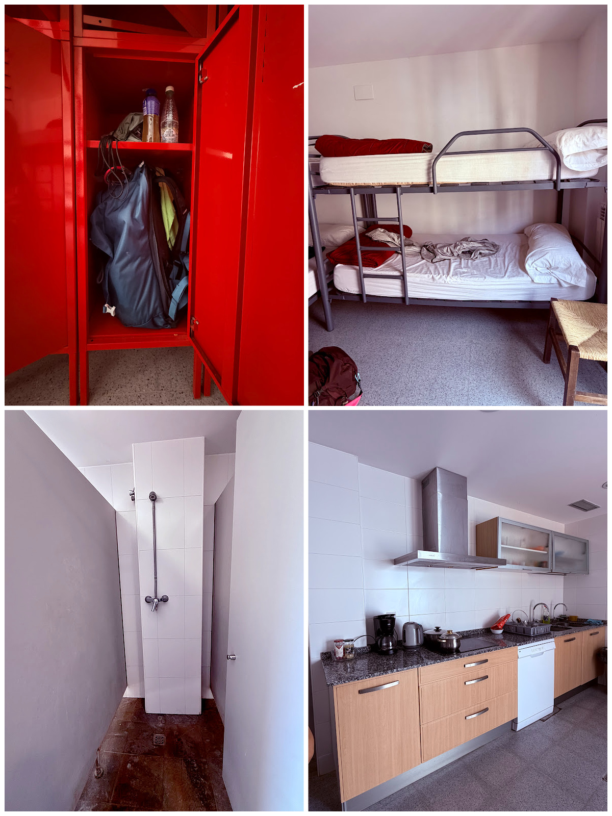 Collage showing bunk beds, lockers, showers, and the kitchen inside Albergue Izar.