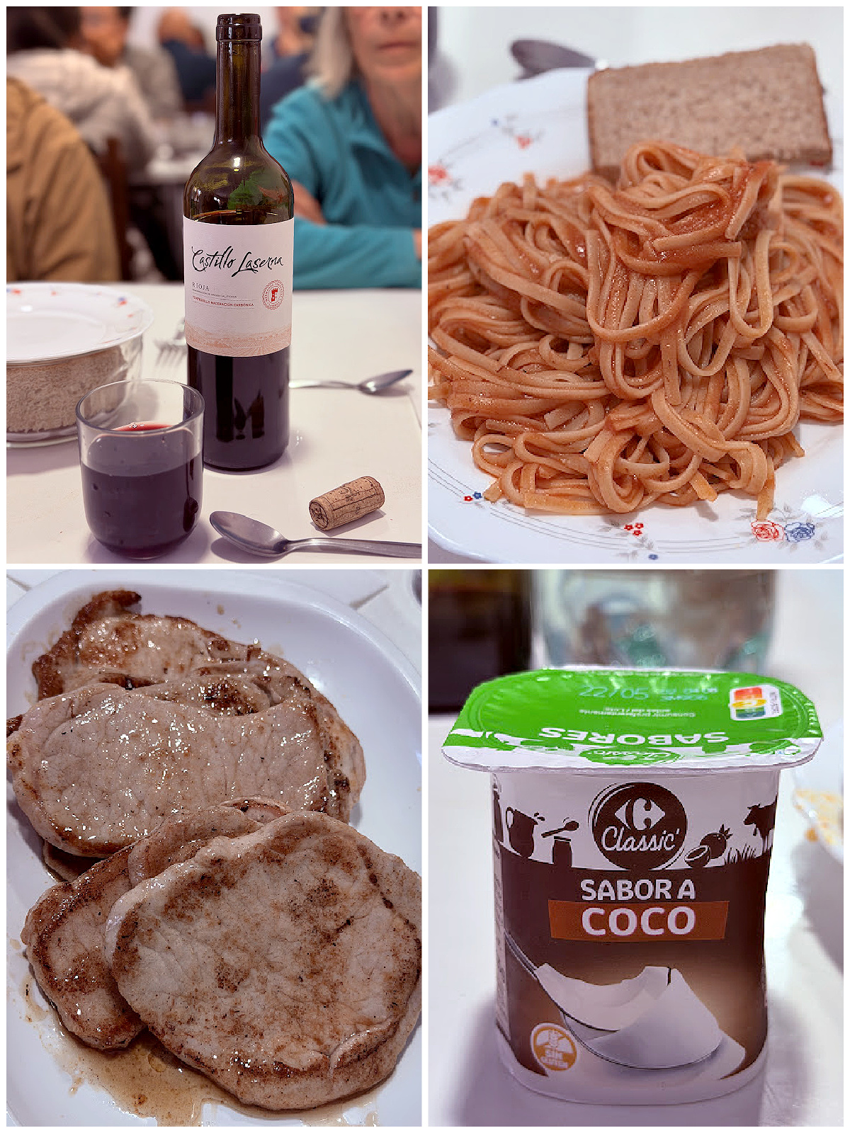 Collage of pasta, breaded meat, wine, and chocolate pudding served for dinner at Albergue Izar.