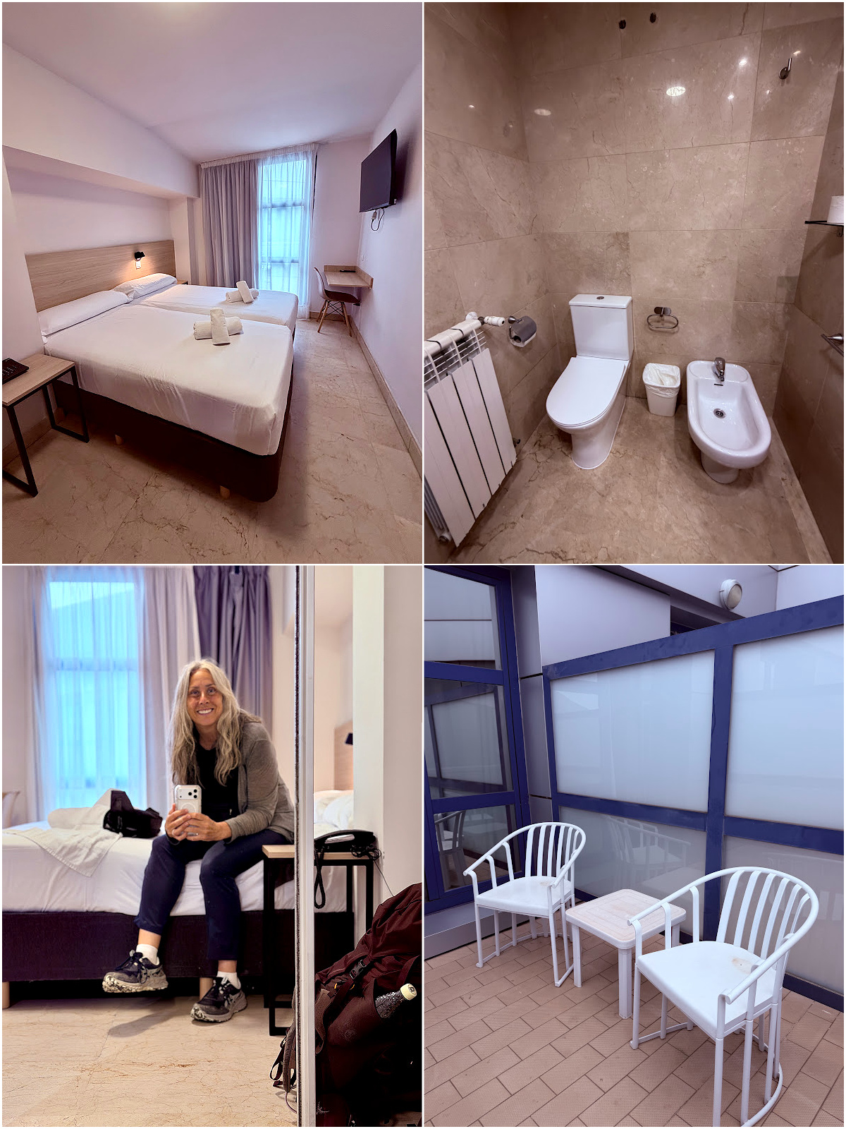 Collage showing a guest room, bathroom, and enclosed balcony at a hotel in Logroño.