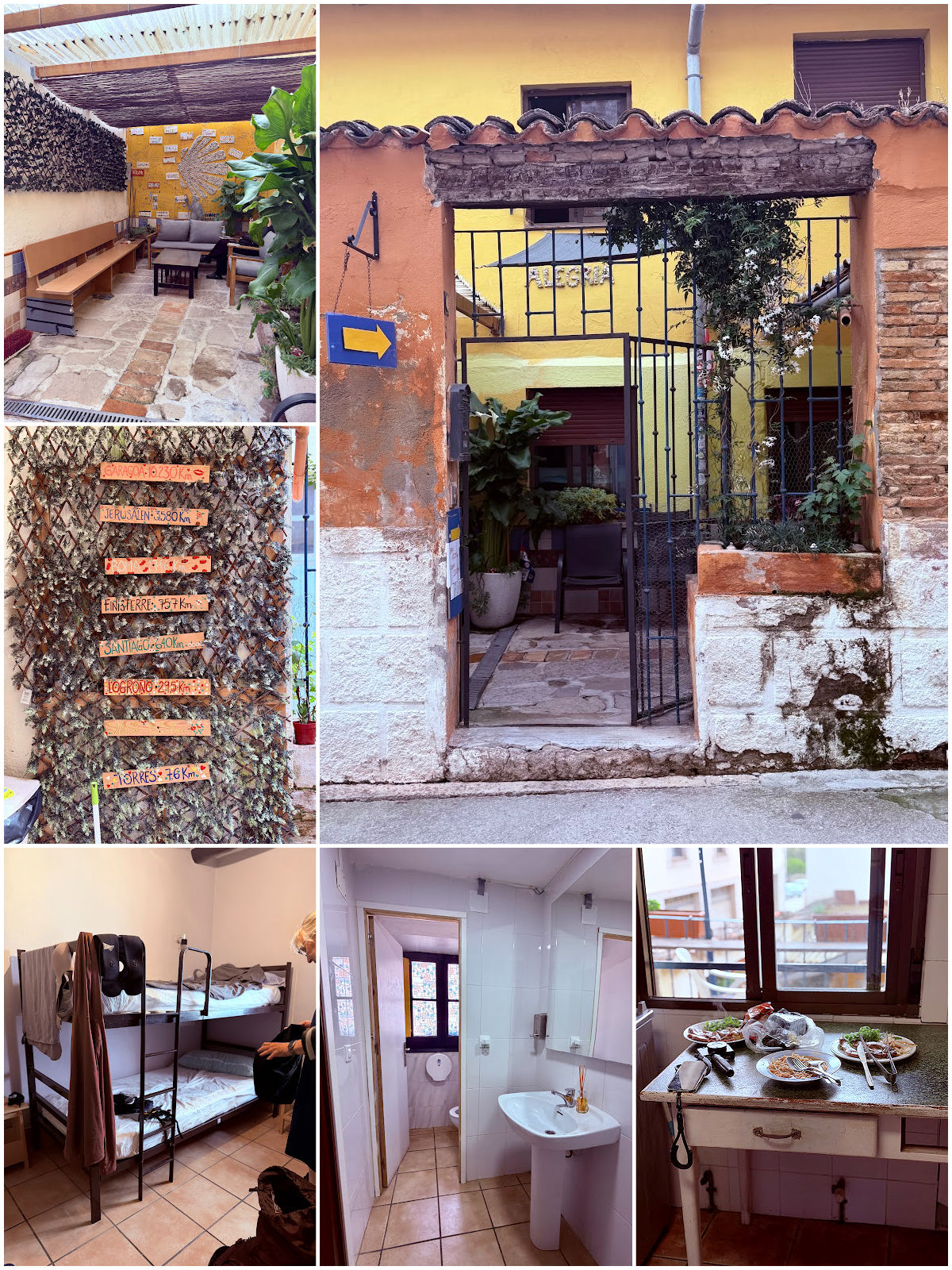 Collage showing the entrance, dining area, bathroom, and bedroom at an albergue in Los Arcos.