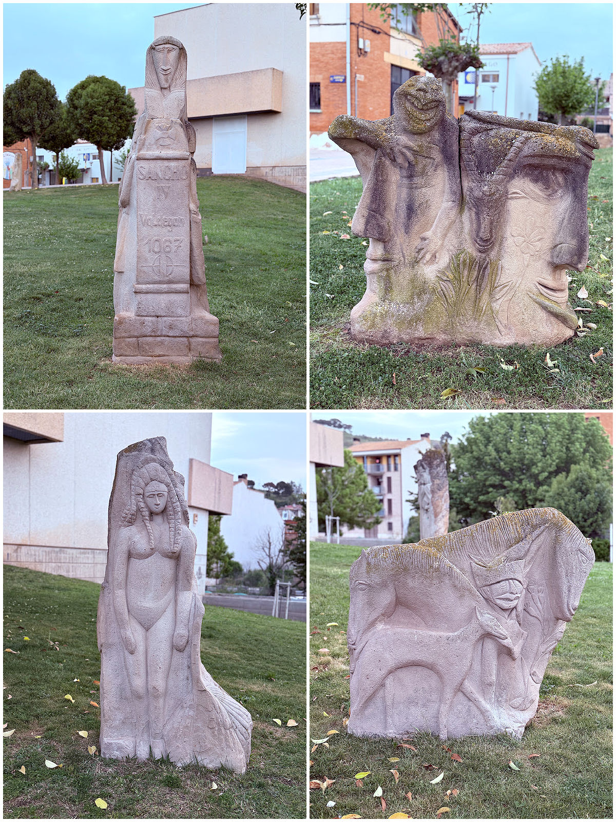 Collage of carved stone sculptures displayed outdoors in Los Arcos, Spain.
