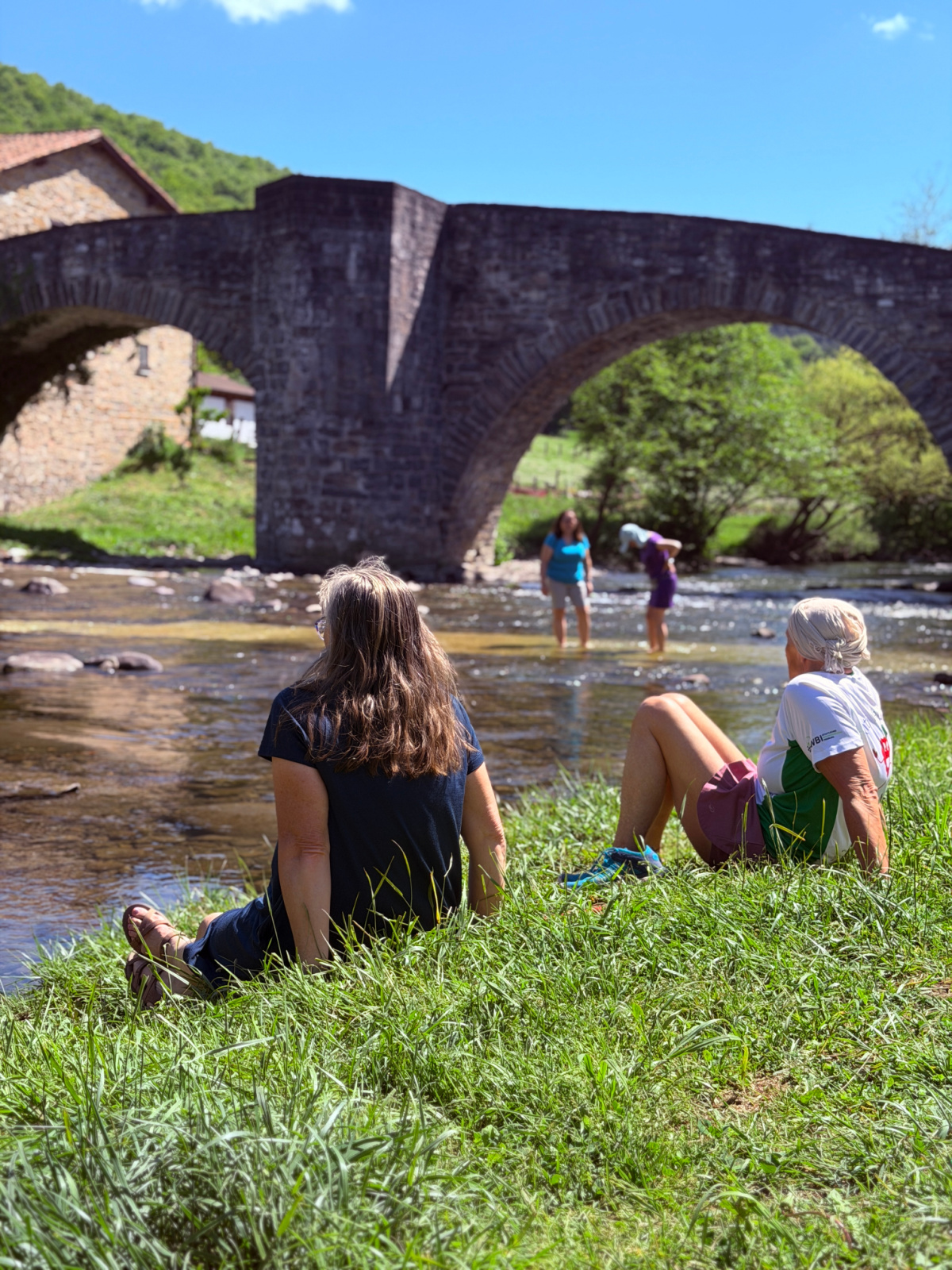 Stone medieval bridge along the Camino de Santiago in Navarra.