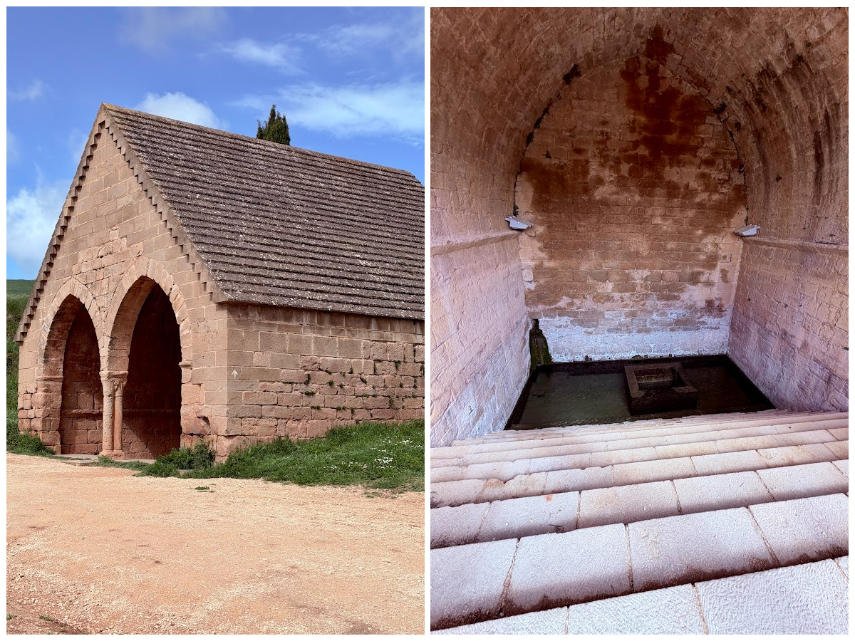 Stone shelter and steps leading down to a historic Moorish well along the Camino.