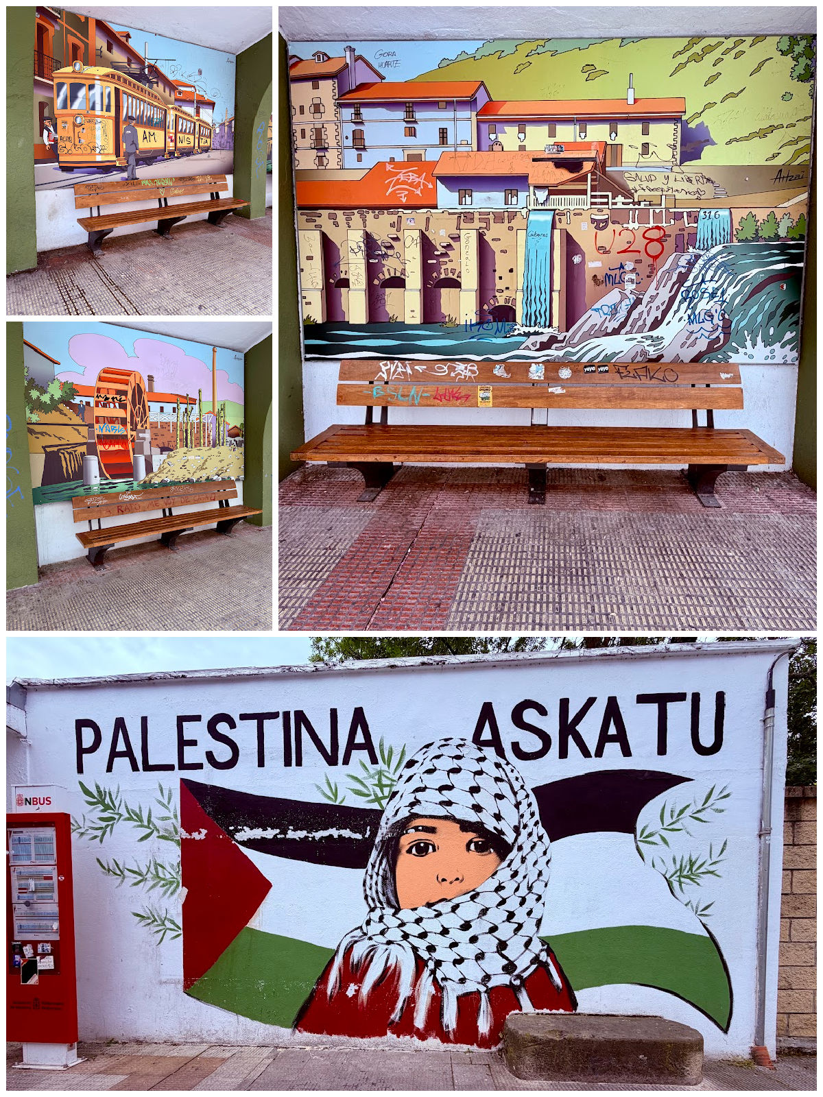 Collage of colorful public murals painted near benches in a Spanish community.